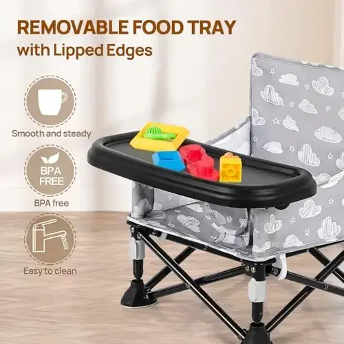 Toddler Booster Seat for Kitchen Chair & Travel - Portable Foldable with Removable Tray, Baby Camping Chair 6-36 Months Indoor Outdoor (White Cloud Design) - 3