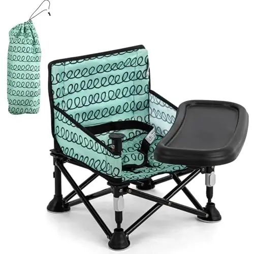 Toddler Booster Seat for Dining Table & Kitchen Chair - Portable Foldable with Removable Tray, Baby Camping Chair 6-36 Months Indoor Outdoor (Green Stripe) - TODDLER