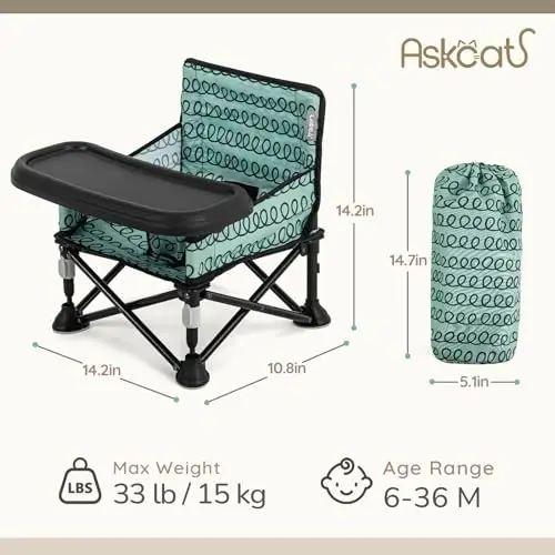 Toddler Booster Seat for Kitchen Chair & Travel - Portable Foldable with Removable Tray, Baby Camping Chair 6-36 Months Indoor Outdoor (White Cloud Design) - TODDLER (1)