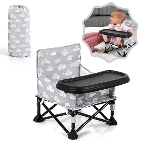 Toddler Booster Seat for Kitchen Chair & Travel - Portable Foldable with Removable Tray, Baby Camping Chair 6-36 Months Indoor Outdoor (White Cloud Design) - 1