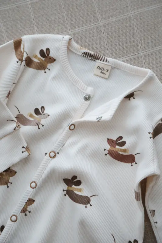 Mutlu Köpekçik Desenli Organik Kaşkorse Bebek Tulum-Bej - 2