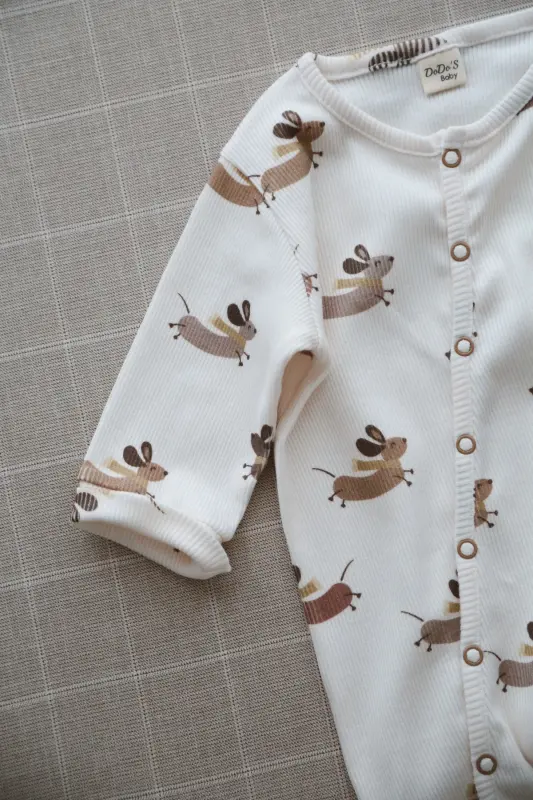 Mutlu Köpekçik Desenli Organik Kaşkorse Bebek Tulum-Bej - 5