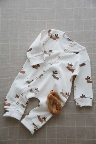 Mutlu Köpekçik Desenli Organik Kaşkorse Bebek Tulum-Bej - 6