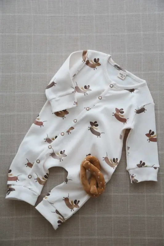 Mutlu Köpekçik Desenli Organik Kaşkorse Bebek Tulum-Bej - 6