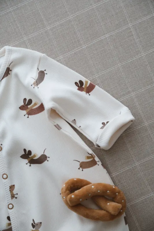 Mutlu Köpekçik Desenli Organik Kaşkorse Bebek Tulum-Bej - 8