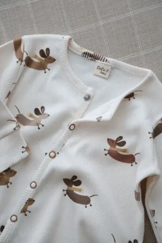 Mutlu Köpekçik Desenli Organik Kaşkorse Bebek Tulum-Bej - DODO'S BABY (1)