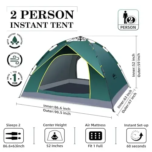 Happy Travel 1/2/3/4 Person Camping Tent, Instant Easy Pop Up Tents for Camping,Automatic Waterproof Family Camping Tent, Easy Set Up Tent,Portable Windproof Dome Tent for Camping Hiking & Traveling - 2