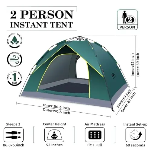 Happy Travel 1/2/3/4 Person Camping Tent, Instant Easy Pop Up Tents for Camping,Automatic Waterproof Family Camping Tent, Easy Set Up Tent,Portable Windproof Dome Tent for Camping Hiking & Traveling - 2