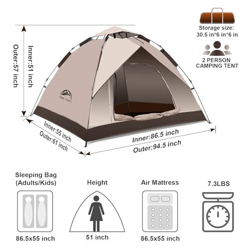 Mutlu Seyahat 1/2/3/4 Kişilik Kamp Çadırı, Anında Kolay Açılır Kamp Çadırları, Otomatik Su Geçirmez Aile Kamp Çadırı, Kolay Kurulumlu Çadır, Taşınabilir Rüzgar Geçirmez Kubbe Çadır Kamp, Yürüyüş ve Seyahat İçin - 2