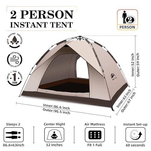 Happy Travel 1/2/3/4 Person Camping Tent, Instant Easy Pop Up Tents for Camping,Automatic Waterproof Family Camping Tent, Easy Set Up Tent,Portable Windproof Dome Tent for Camping Hiking & Traveling - 1
