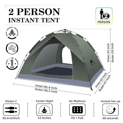 Happy Travel 1/2/3/4 Person Camping Tent, Instant Easy Pop Up Tents for Camping,Automatic Waterproof Family Camping Tent, Easy Set Up Tent,Portable Windproof Dome Tent for Camping Hiking & Traveling - 2