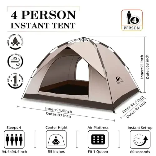 Happy Travel 1/2/3/4 Person Camping Tent, Instant Easy Pop Up Tents for Camping,Automatic Waterproof Family Camping Tent, Easy Set Up Tent,Portable Windproof Dome Tent for Camping Hiking & Traveling - 2
