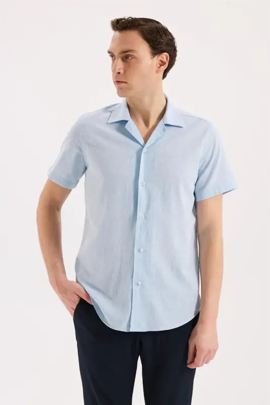 Muz Mavi Comfort Fit Klassik Yoqa Qisqa Yeng Ko'ylak - JAKAMEN