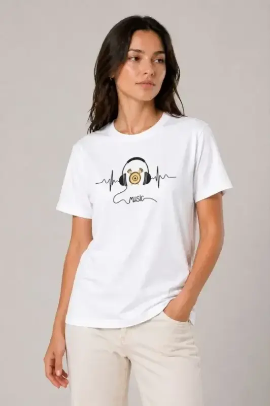 Müzik Temalı Baskılı Tişört Bisiklet Yaka Kısa Kol T-Shirt - Beyaz - BÜYÜKBEDENIZ