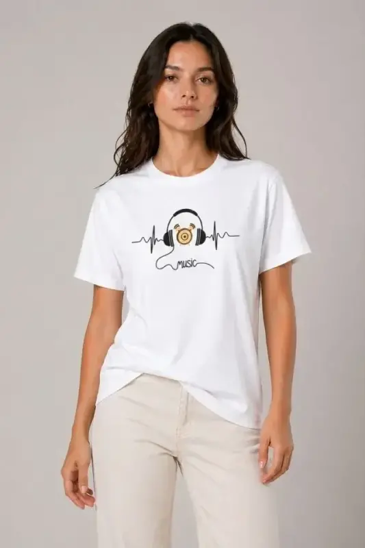 Müzik Temalı Baskılı Tişört Bisiklet Yaka Kısa Kol T-Shirt - Beyaz - 2