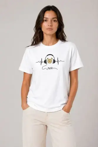 Müzik Temalı Baskılı Tişört Bisiklet Yaka Kısa Kol T-Shirt - Beyaz - 3
