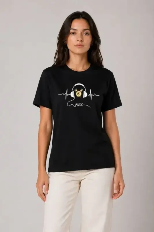Müzik Temalı Baskılı Tişört Bisiklet Yaka Kısa Kol T-Shirt - Siyah - 3