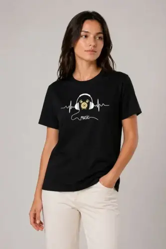 Müzik Temalı Baskılı Tişört Bisiklet Yaka Kısa Kol T-Shirt - Siyah - 4
