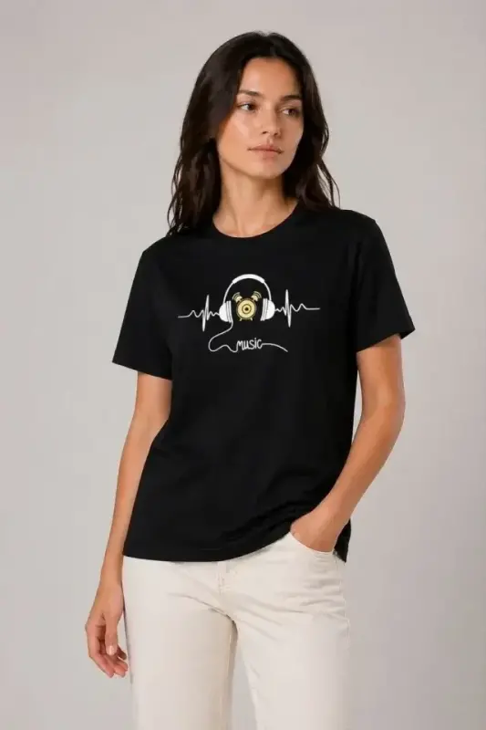 Müzik Temalı Baskılı Tişört Bisiklet Yaka Kısa Kol T-Shirt - Siyah - 4