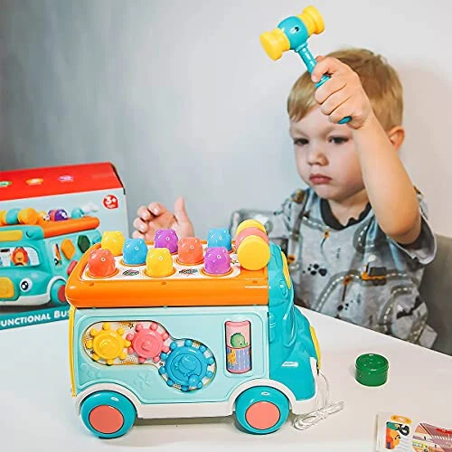 Music Activity Bus Baby Toy, Infant Education Learn Car, Sound & Light, Interactive Game, Shape Sorter, Animal Matching, Holiday Birthday Present for Toddler Kid Boy Girl 3 4 5 6 7 Years (Blue) - 8