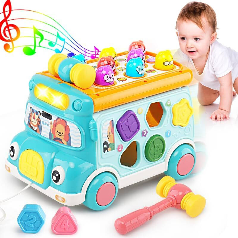 Music Activity Bus Baby Toy, Infant Education Learn Car, Sound & Light, Interactive Game, Shape Sorter, Animal Matching, Holiday Birthday Present for Toddler Kid Boy Girl 3 4 5 6 7 Years (Blue) - 9