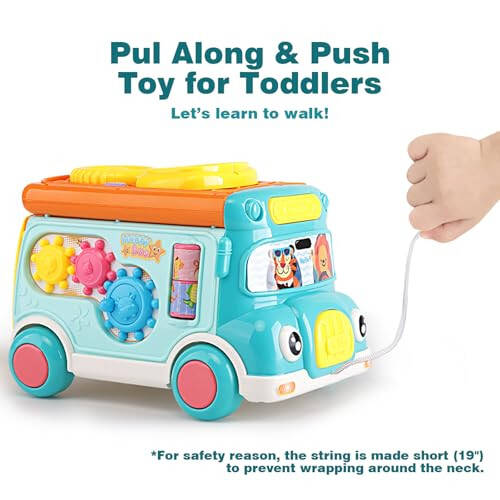 Music Activity Bus Baby Toy, Infant Education Learn Car, Sound & Light, Interactive Game, Shape Sorter, Animal Matching, Holiday Birthday Present for Toddler Kid Boy Girl 3 4 5 6 7 Years (Blue) - 3