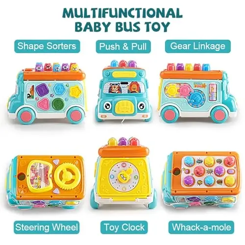 Music Activity Bus Baby Toy, Infant Education Learn Car, Sound & Light, Interactive Game, Shape Sorter, Animal Matching, Holiday Birthday Present for Toddler Kid Boy Girl 3 4 5 6 7 Years (Blue) - MUSIC (1)
