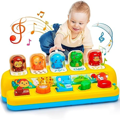 Interactive Pop up Animal Toys with Music & Light, Montessori Cause and Effect Toys for 1 Year Old Boy Girl Early Learning Musical Baby Toy 9-12-18 Months STEM Toddler Toy Age 1-2 Gift for Infant - Interactive