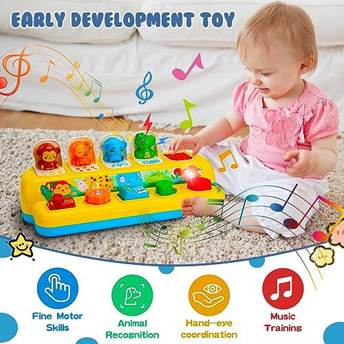 Interactive Pop up Animal Toys with Music & Light, Montessori Cause and Effect Toys for 1 Year Old Boy Girl Early Learning Musical Baby Toy 9-12-18 Months STEM Toddler Toy Age 1-2 Gift for Infant - 5