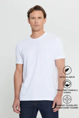 Мужская белая футболка из 100% хлопка Slim Fit с круглым вырезом - 8