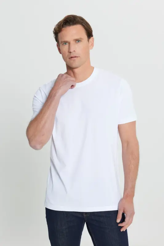 Мужская белая футболка из 100% хлопка Slim Fit с круглым вырезом - 17