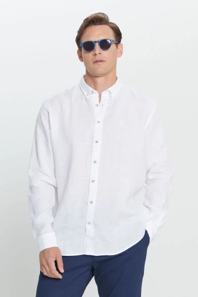 Мужская белая комфортная посадка, удобный крой, рубашка с пуговицами и воротником из 100% льна. - 1