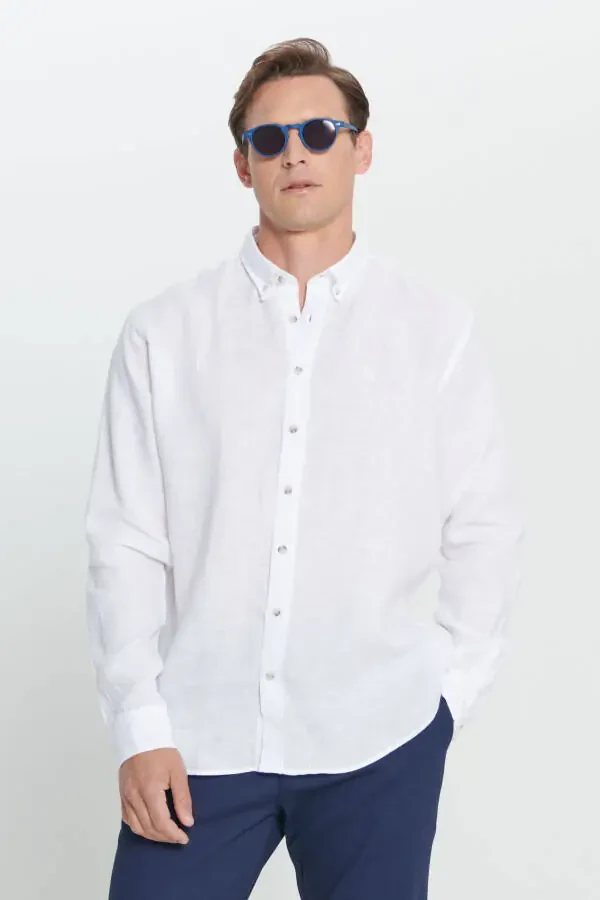 Мужская белая комфортная посадка, удобный крой, рубашка с пуговицами и воротником из 100% льна. - 1