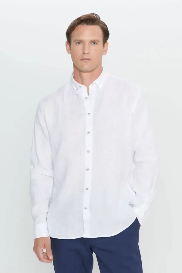 Мужская белая комфортная посадка, удобный крой, рубашка с пуговицами и воротником из 100% льна. - 3