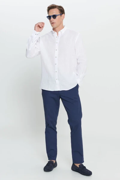 Мужская белая комфортная посадка, удобный крой, рубашка с пуговицами и воротником из 100% льна. - 6