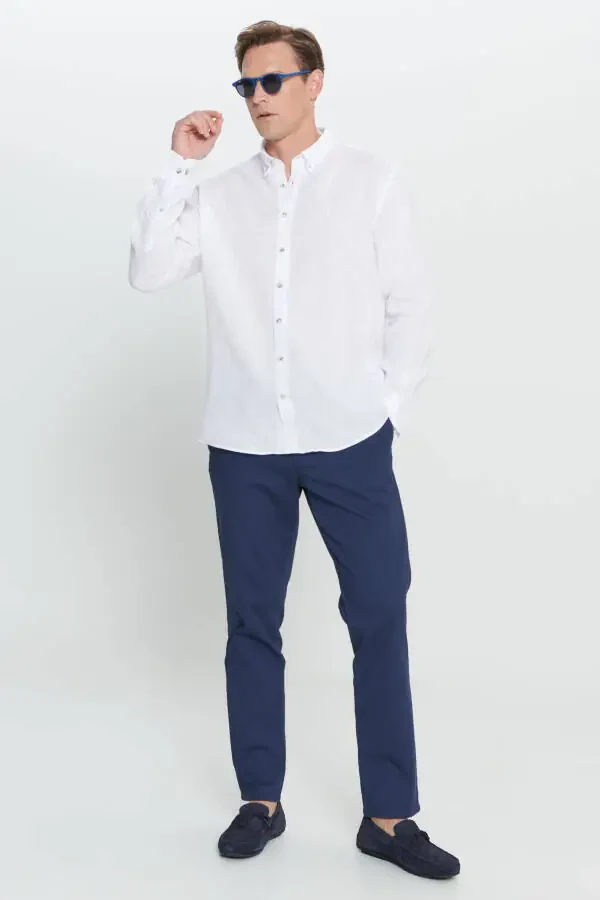 Мужская белая комфортная посадка, удобный крой, рубашка с пуговицами и воротником из 100% льна. - 6