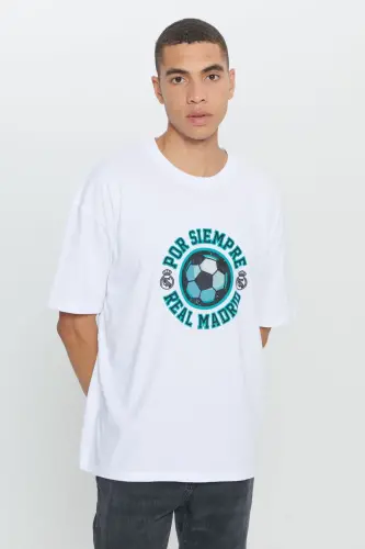 Мужская белая лицензионная футболка Real Madrid oversize свободного кроя из 100% хлопка с круглым вырезом - 3