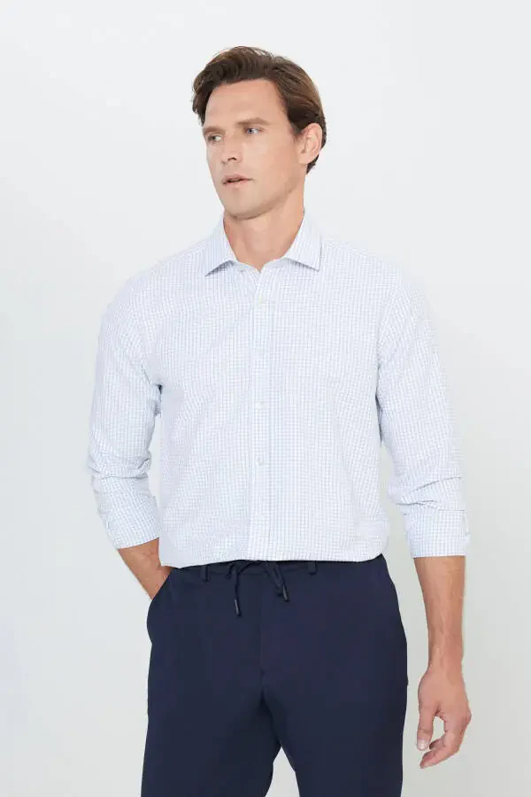 Мужская белая мятная хлопковая оксфордская приталенная рубашка Slim Fit с узким вырезом и классическим воротником в рубчик - 1