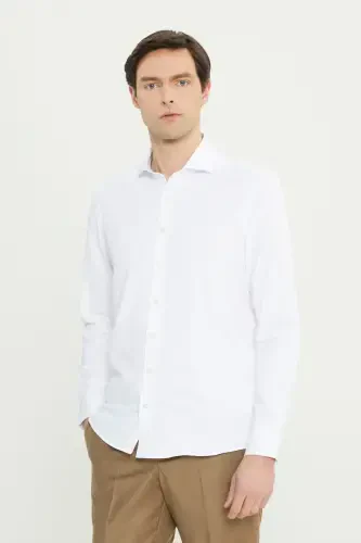 Мужская белая немнущаяся приталенная рубашка Slim Fit с итальянским воротником и текстурой армюр-БОЛЬШОЙ ИТАЛЬЯНСКИЙ ВОРОТНИК - 3