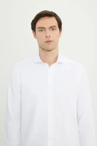 Мужская белая немнущаяся приталенная рубашка Slim Fit с итальянским воротником и текстурой армюр-БОЛЬШОЙ ИТАЛЬЯНСКИЙ ВОРОТНИК - 4