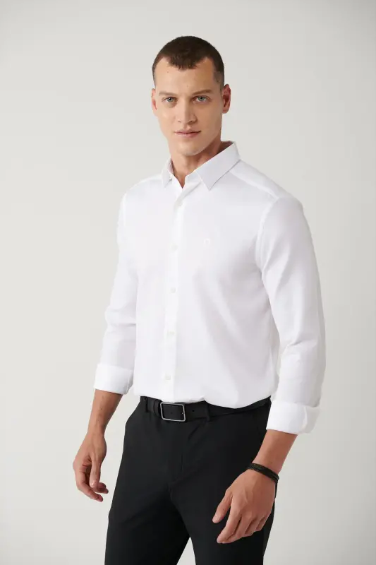Мужская белая рубашка с классическим воротником 100% хлопок усиленная Slim Fit A41y2033 - AVVA