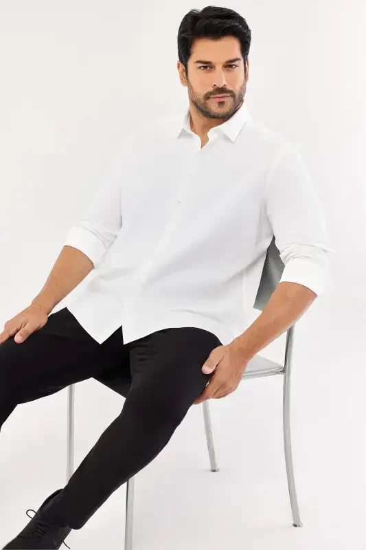 Мужская белая рубашка с легкой глажкой, Slim Fit, зауженный крой, классический воротник, хлопковая - 1