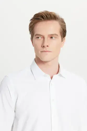 Мужская белая рубашка с легкой глажкой, Slim Fit, зауженный крой, классический воротник, хлопковая - 11