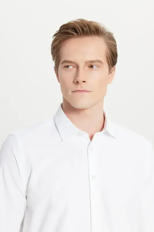 Мужская белая рубашка с легкой глажкой, Slim Fit, зауженный крой, классический воротник, хлопковая - 11