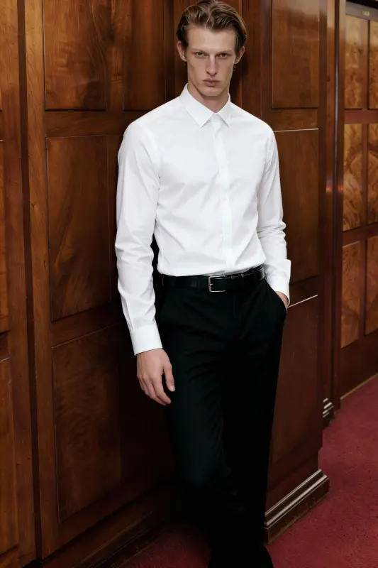Мужская белая рубашка с легкой глажкой, Slim Fit, зауженный крой, классический воротник, хлопковая - 4