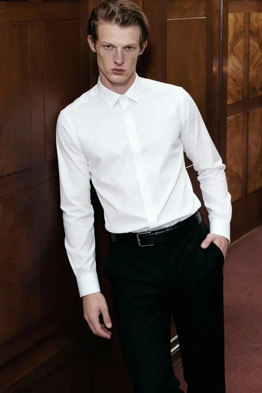 Мужская белая рубашка с легкой глажкой, Slim Fit, зауженный крой, классический воротник, хлопковая - 5