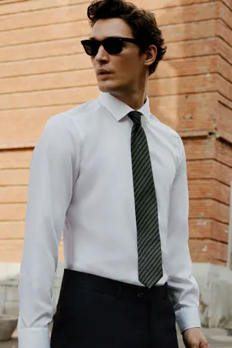 Мужская белая рубашка с легкой глажкой, Slim Fit, зауженный крой, классический воротник, хлопковая - 9