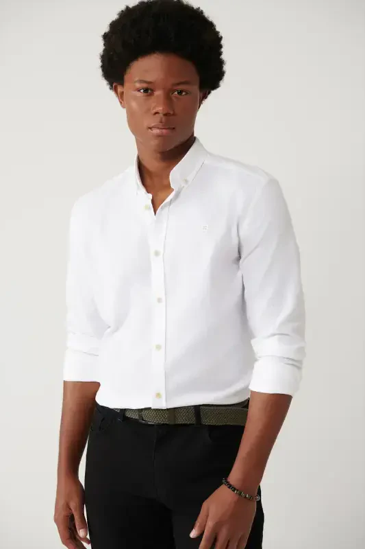 Мужская белая рубашка с воротником на пуговицах 100% хлопок бронированная Regular Fit A41y2004 - 1