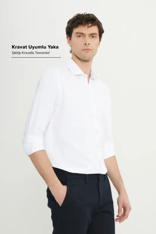 Мужская белая рубашка Slim Fit узкого кроя с итальянским воротником и защитной вставкой - 2