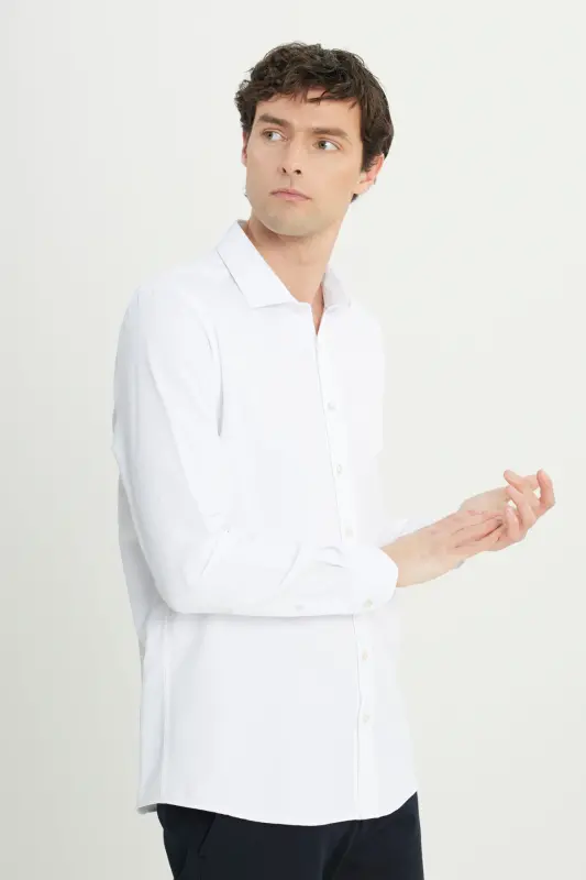 Мужская белая рубашка Slim Fit узкого кроя с итальянским воротником и защитной вставкой - 4